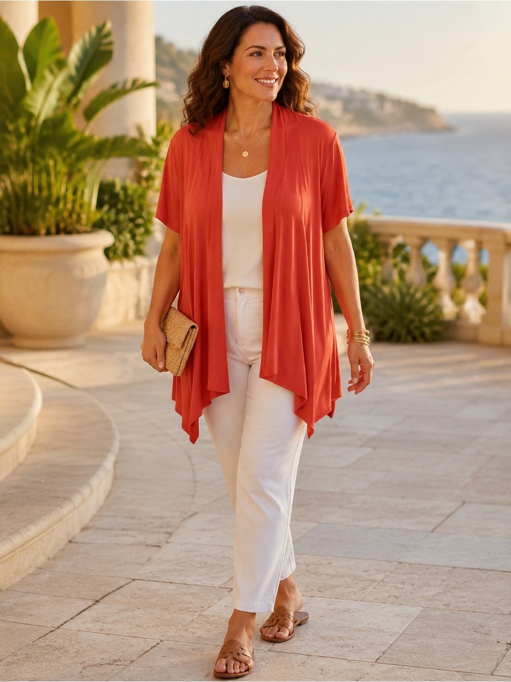Chico’s Additions Size 3 Coral Waterfall Open Front Short Sleeve Cardigan
